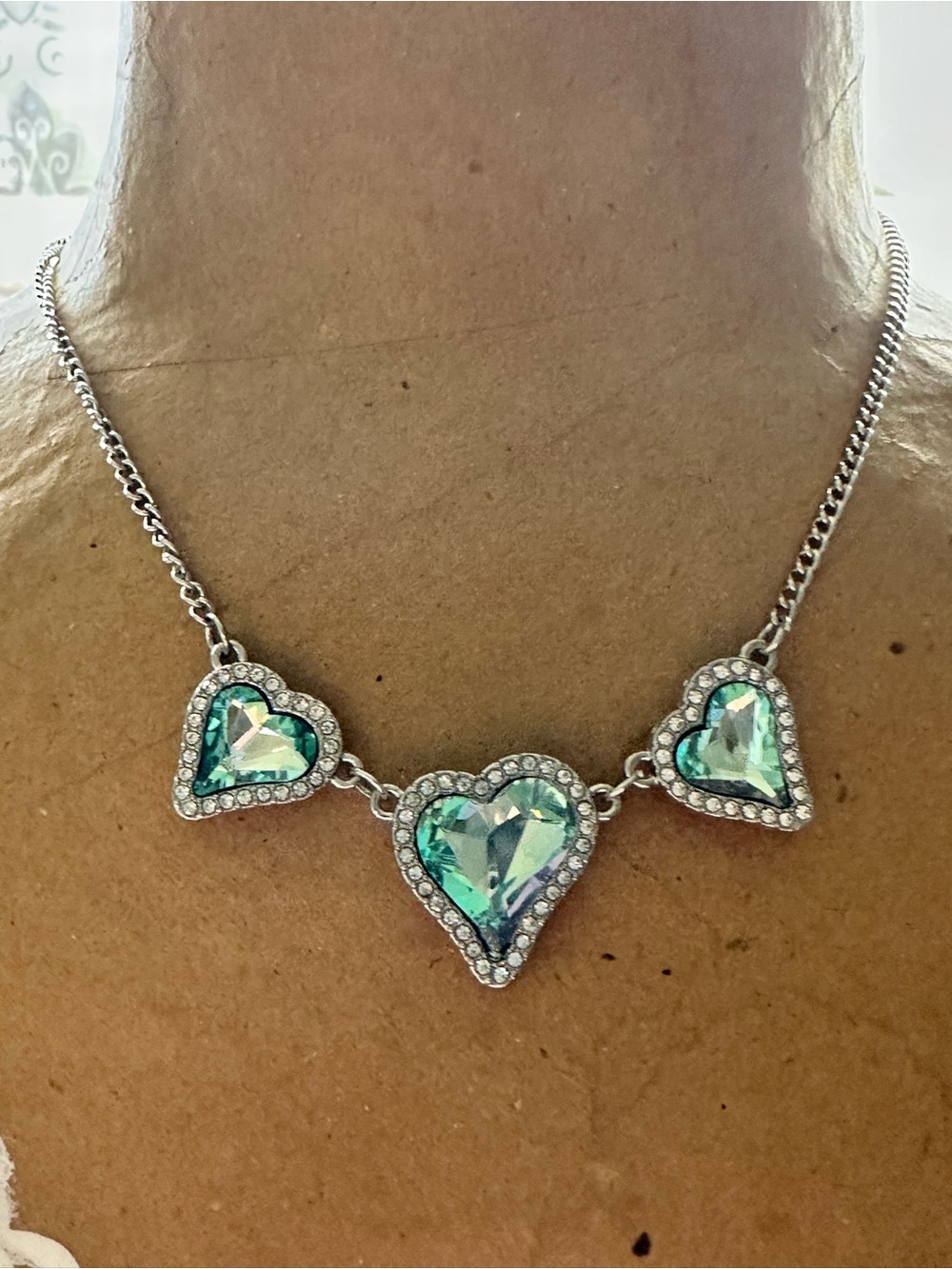 Three Hearts Silver Necklace with Aqua-Green Heart Crystals